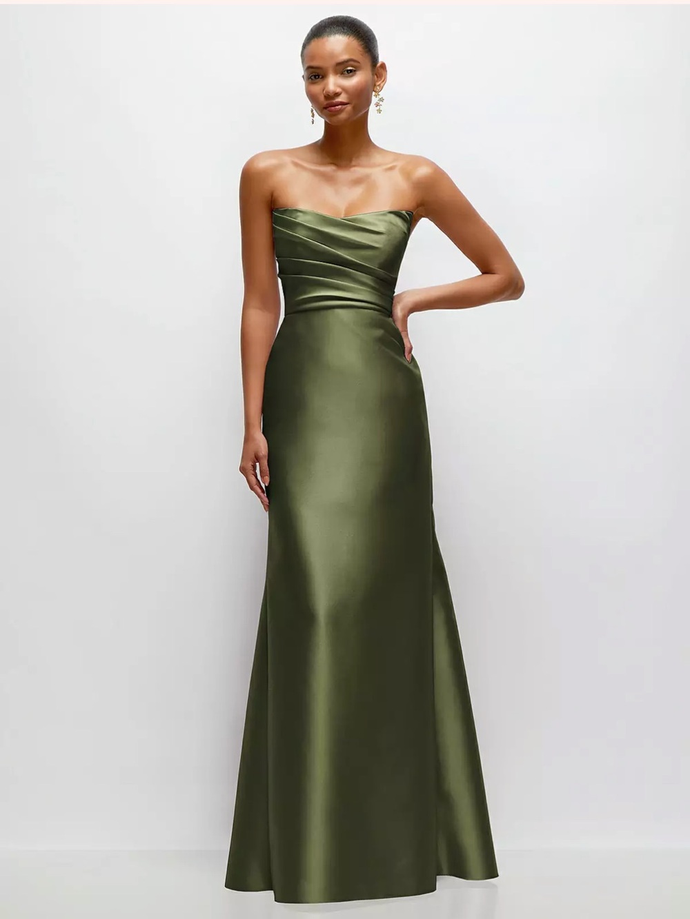 ALFRED SUNG Olive Satin Strapless Maxi Skirt
